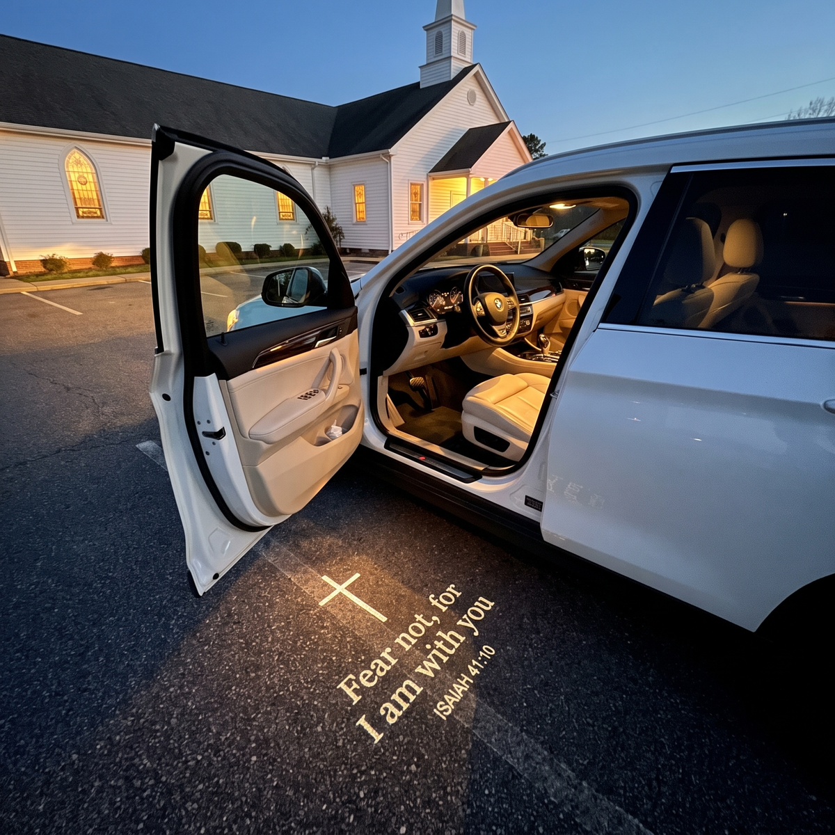 Isaiah 41:10 glowing on the ground under a car door