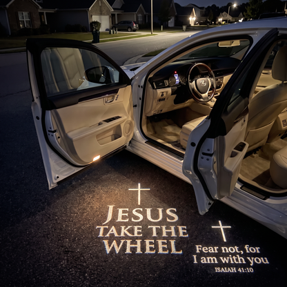 Two car doors, two different verses glowing on the ground