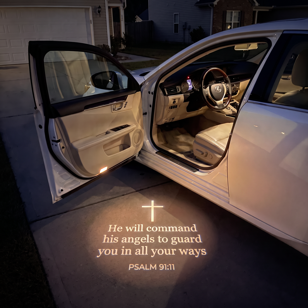 Psalm 91:11 glowing on the ground under a car door
