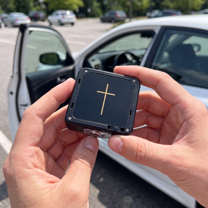 HaloDoor light in hand with its gold cross